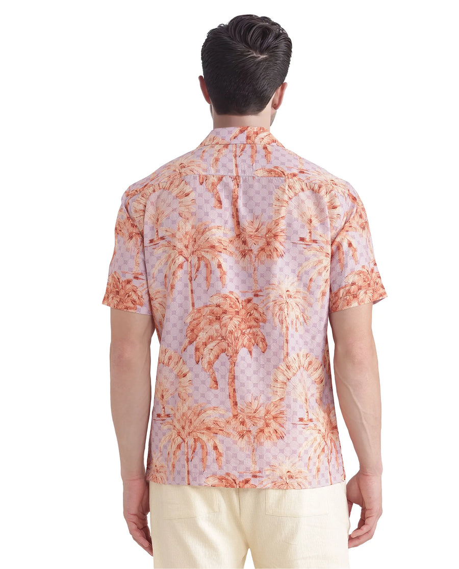 Rare Rabbit Men's Gusy Pastel Purple Viscose Blend Monogram Print Boxy Fit Half Sleeve Cuban Collar Shirt