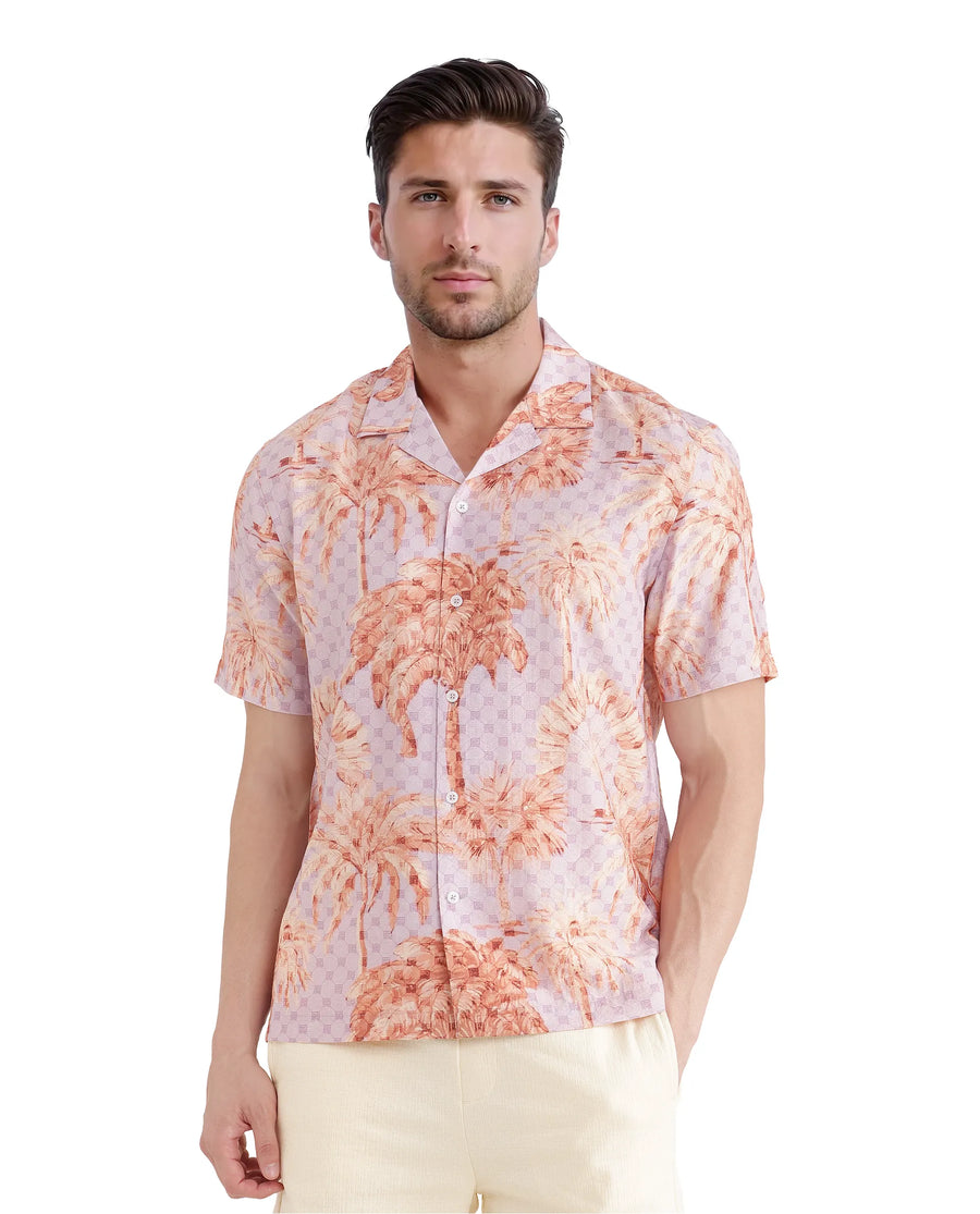 Rare Rabbit Men's Gusy Pastel Purple Viscose Blend Monogram Print Boxy Fit Half Sleeve Cuban Collar Shirt