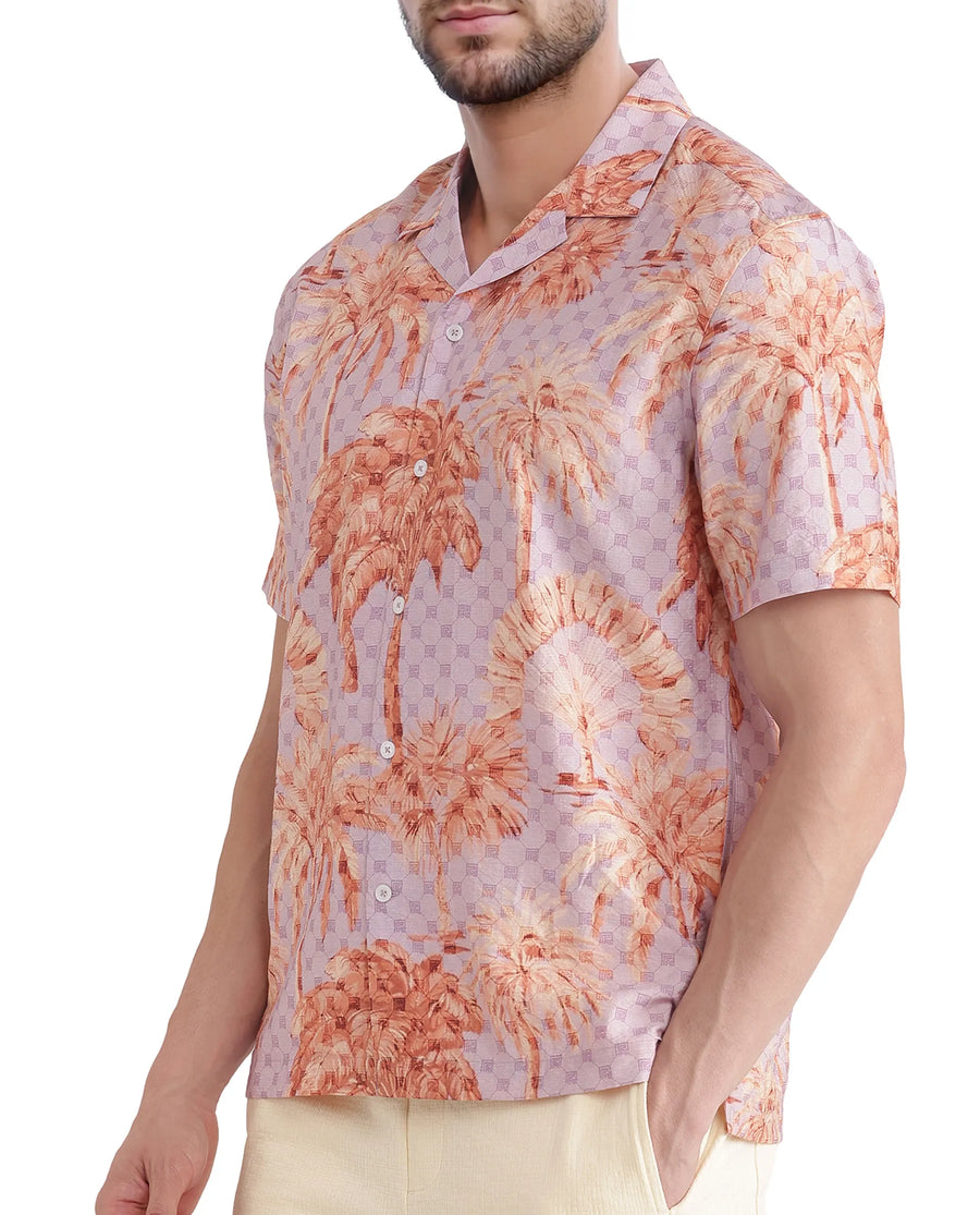 Rare Rabbit Men's Gusy Pastel Purple Viscose Blend Monogram Print Boxy Fit Half Sleeve Cuban Collar Shirt