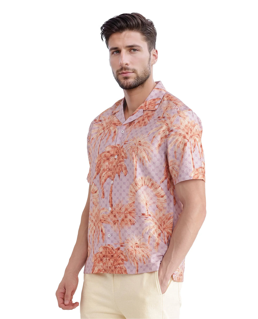 Rare Rabbit Men's Gusy Pastel Purple Viscose Blend Monogram Print Boxy Fit Half Sleeve Cuban Collar Shirt