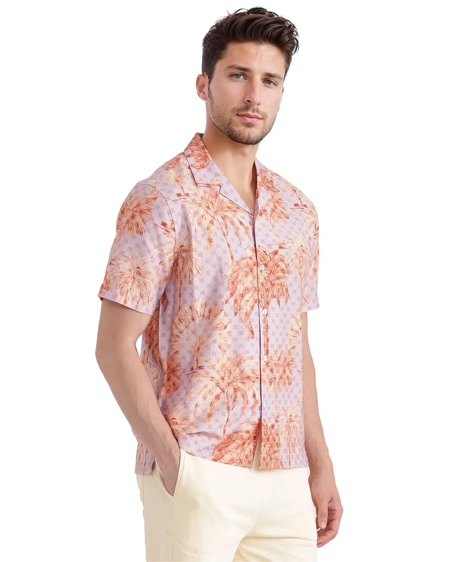Rare Rabbit Men's Gusy Pastel Purple Viscose Blend Monogram Print Boxy Fit Half Sleeve Cuban Collar Shirt