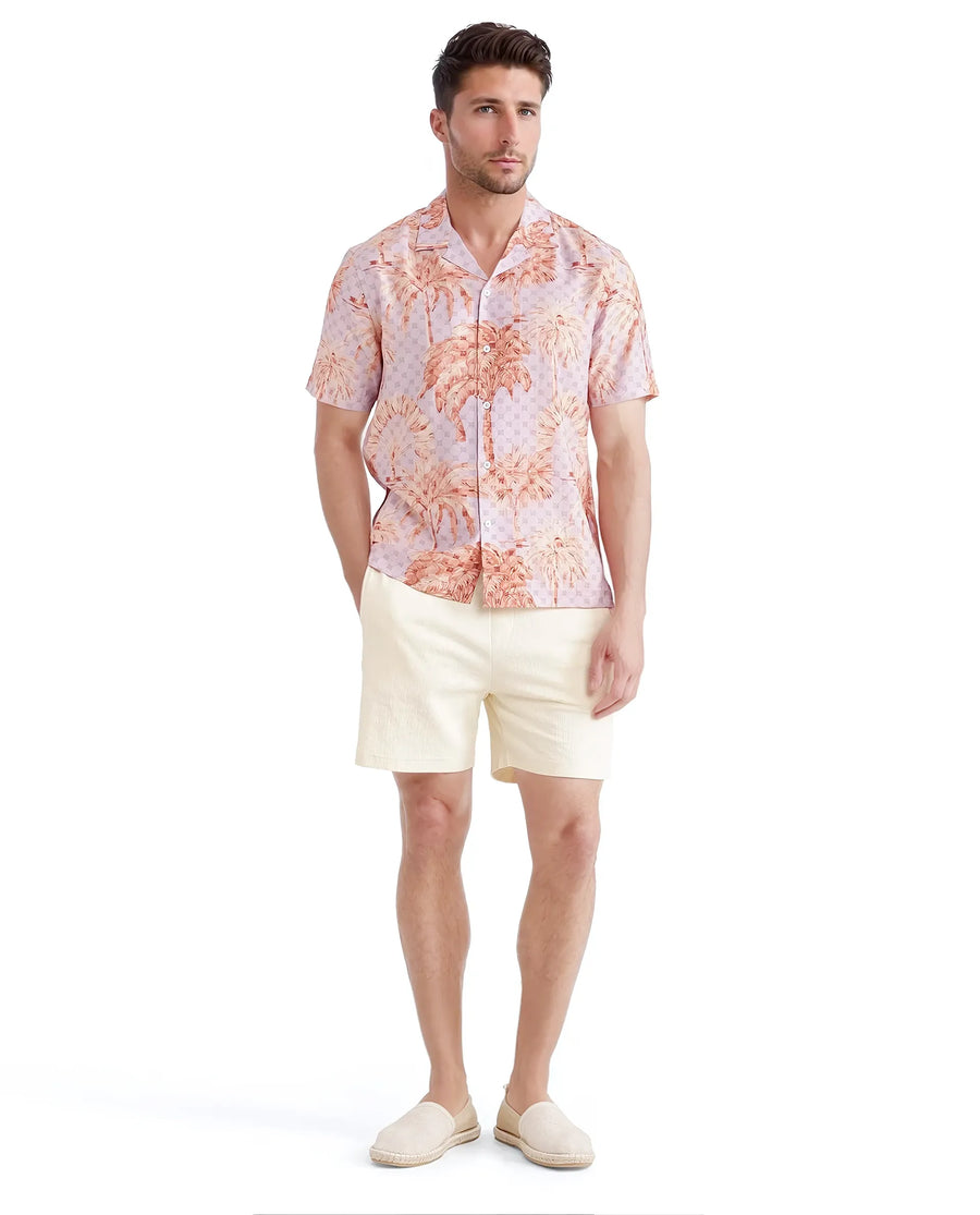Rare Rabbit Men's Gusy Pastel Purple Viscose Blend Monogram Print Boxy Fit Half Sleeve Cuban Collar Shirt