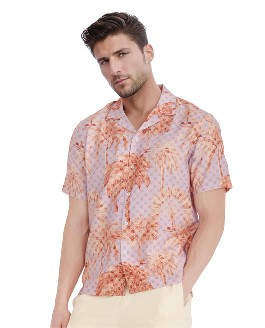 Rare Rabbit Men's Gusy Pastel Purple Viscose Blend Monogram Print Boxy Fit Half Sleeve Cuban Collar Shirt
