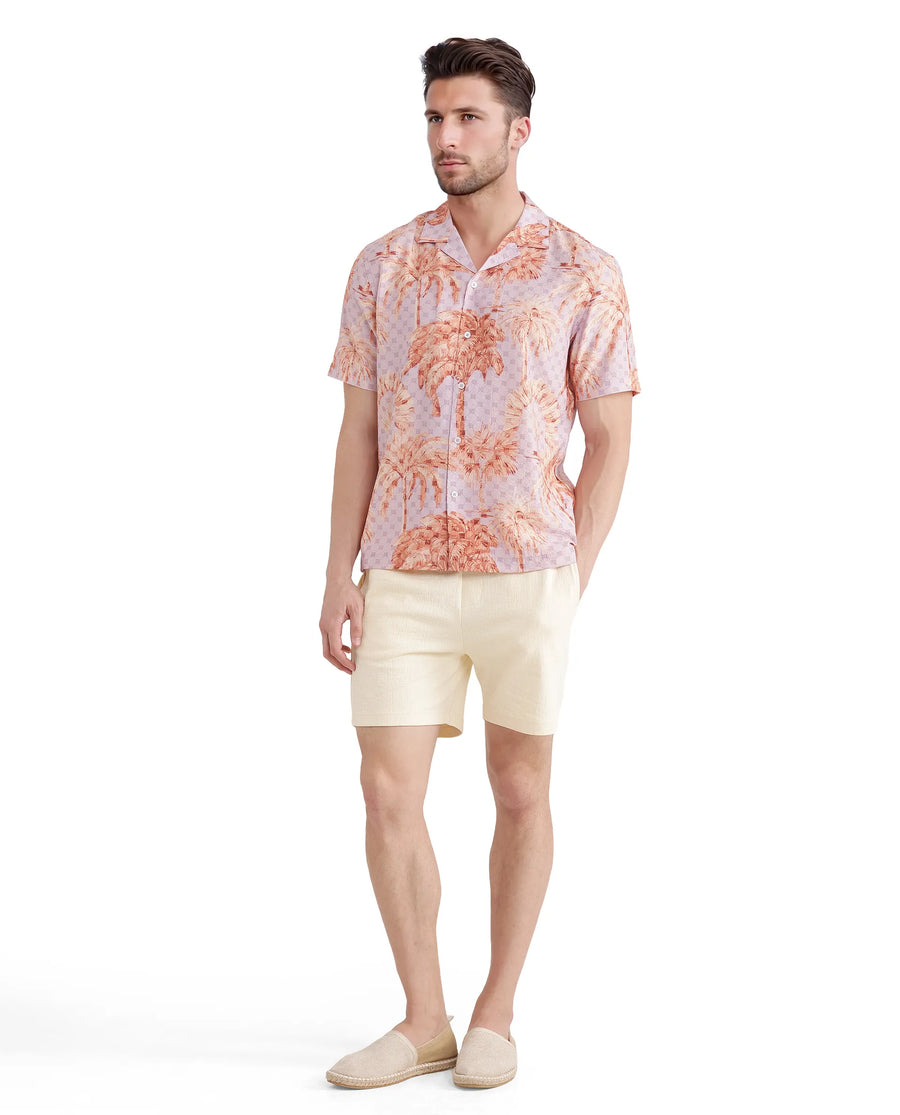 Rare Rabbit Men's Gusy Pastel Purple Viscose Blend Monogram Print Boxy Fit Half Sleeve Cuban Collar Shirt