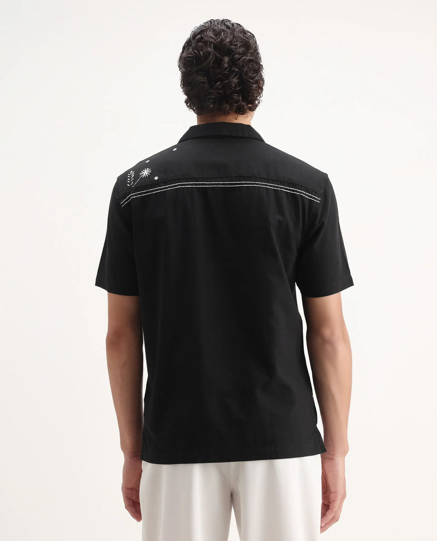 Rare Rabbit Men's Gwen Black Viscose Embroidered Boxy Fit Half Sleeve Cuban Collar Shirt