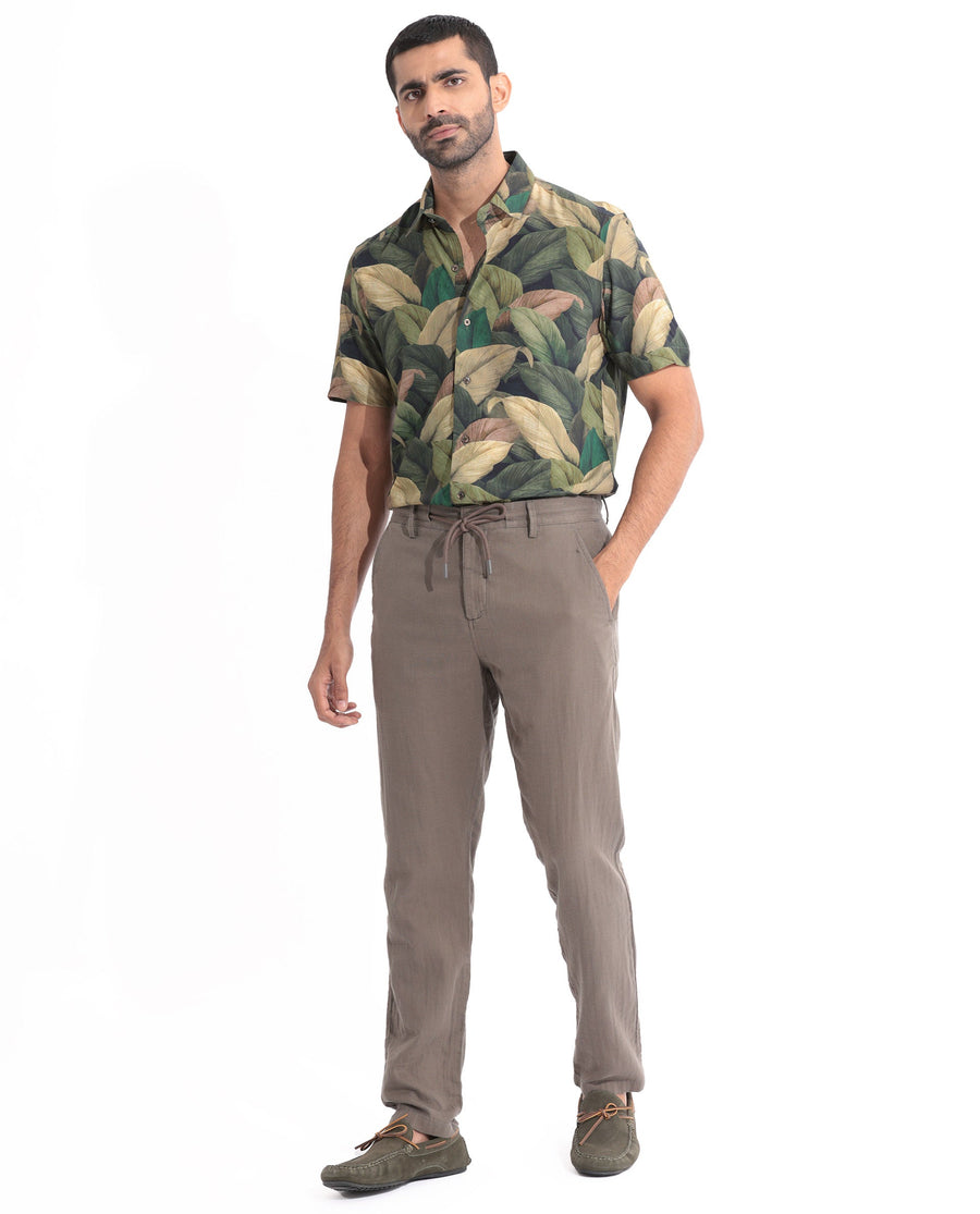 Rare Rabbit Men's Growr Green Viscose Tropical Print Regular Fit Half Sleeve Collared Shirt