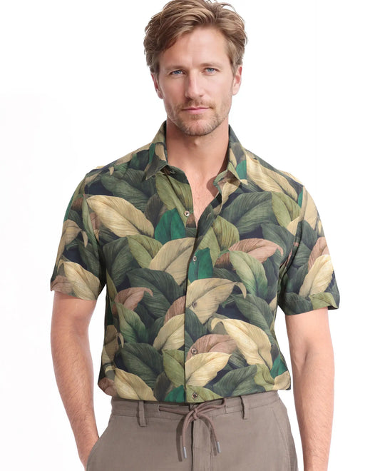 Rare Rabbit Men's Growr Green Viscose Tropical Print Regular Fit Half Sleeve Collared Shirt