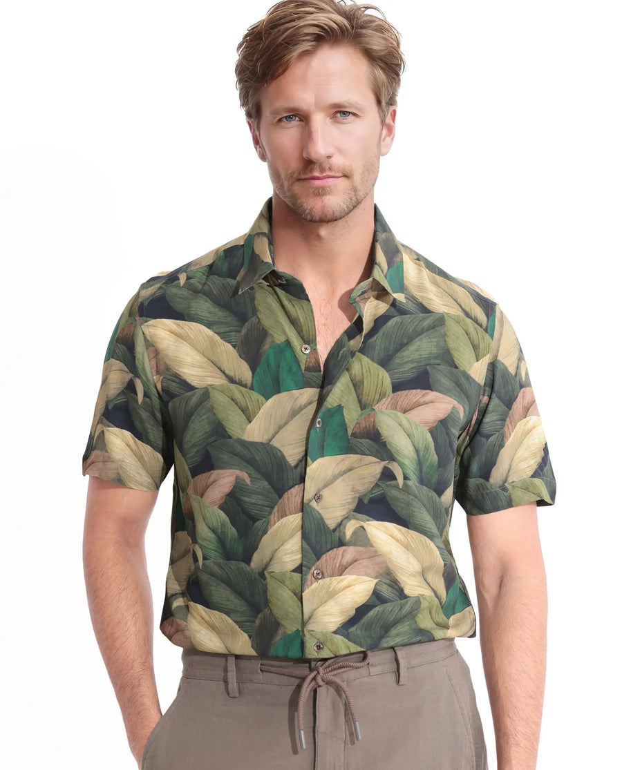 Rare Rabbit Men's Growr Green Viscose Tropical Print Regular Fit Half Sleeve Collared Shirt