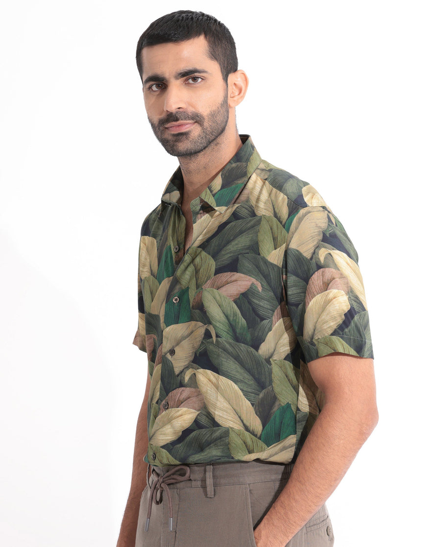 Rare Rabbit Men's Growr Green Viscose Tropical Print Regular Fit Half Sleeve Collared Shirt