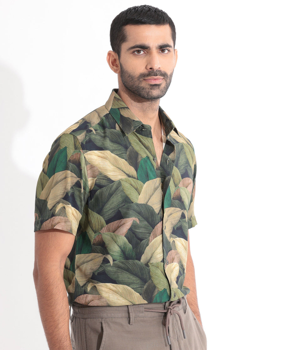 Rare Rabbit Men's Growr Green Viscose Tropical Print Regular Fit Half Sleeve Collared Shirt