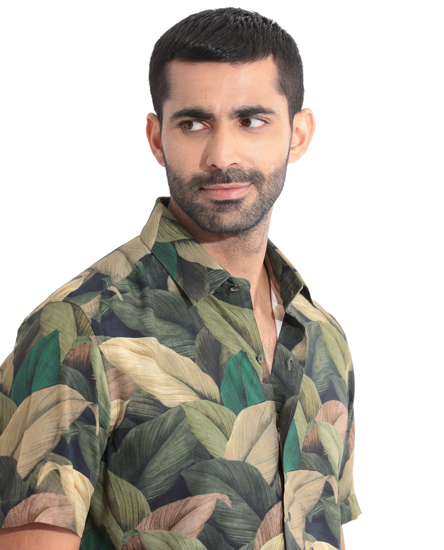 Rare Rabbit Men's Growr Green Viscose Tropical Print Regular Fit Half Sleeve Collared Shirt