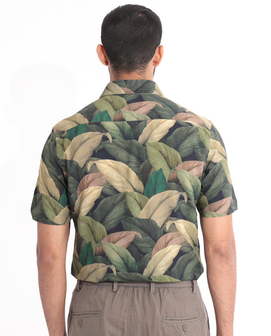 Rare Rabbit Men's Growr Green Viscose Tropical Print Regular Fit Half Sleeve Collared Shirt