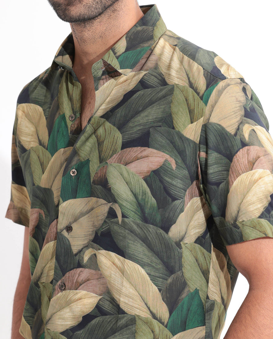 Rare Rabbit Men's Growr Green Viscose Tropical Print Regular Fit Half Sleeve Collared Shirt