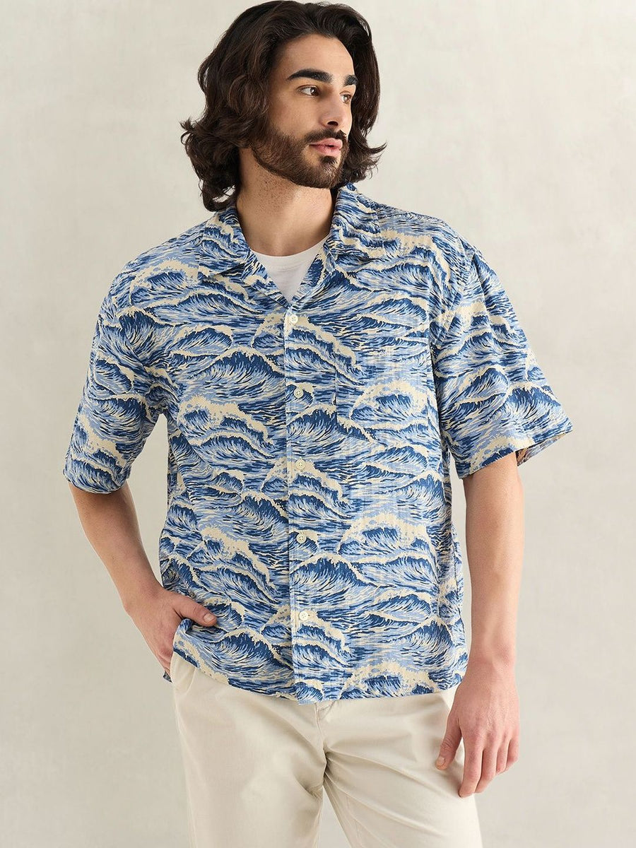 Gant Men Blue Printed Relaxed Fit Pure Cotton Shirt