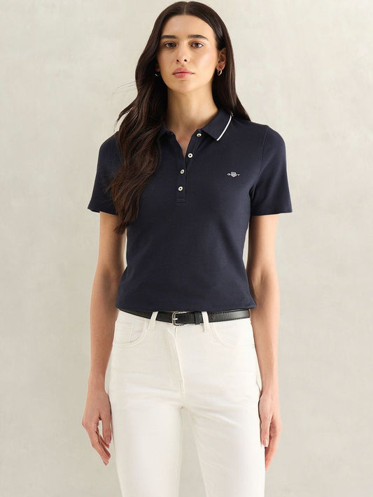 Gant Women Navy Blue Solid Slim Fit Pique Polo T-Shirt