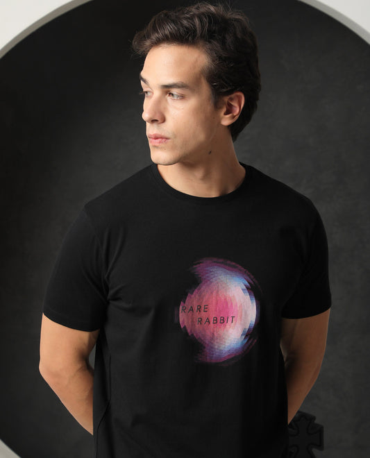 Rare Rabbit Men's Knobel Black Cotton Graphic Print Slim Fit Half Sleeve Crew Neck T-Shirt