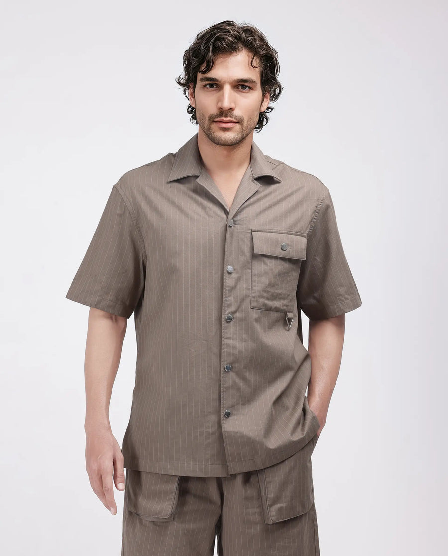 Rare Rabbit Men's Haba Dusky Beige Cotton Blend Striped Print Boxy Fit Half Sleeve Cuban Collar Shirt