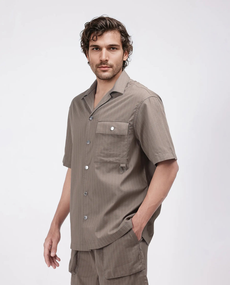 Rare Rabbit Men's Haba Dusky Beige Cotton Blend Striped Print Boxy Fit Half Sleeve Cuban Collar Shirt