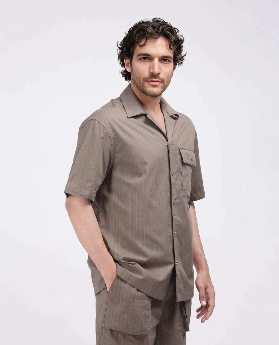 Rare Rabbit Men's Haba Dusky Beige Cotton Blend Striped Print Boxy Fit Half Sleeve Cuban Collar Shirt