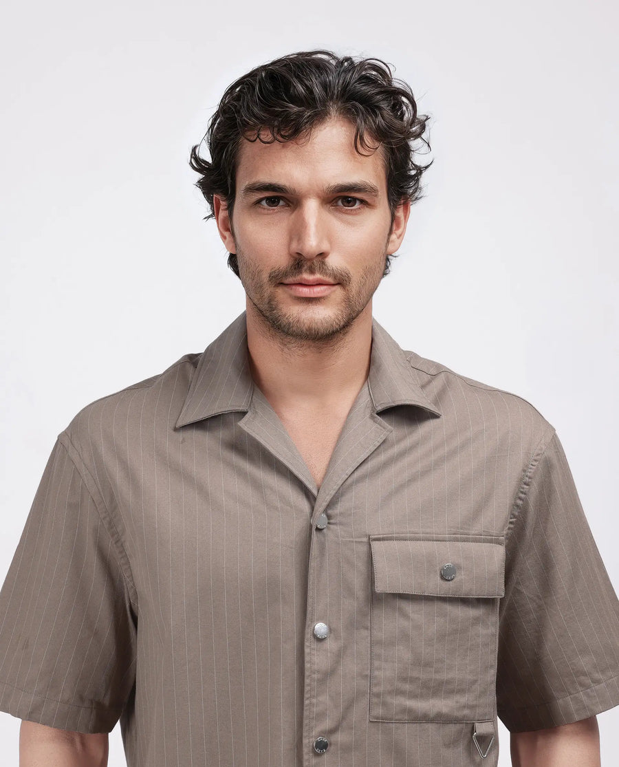 Rare Rabbit Men's Haba Dusky Beige Cotton Blend Striped Print Boxy Fit Half Sleeve Cuban Collar Shirt