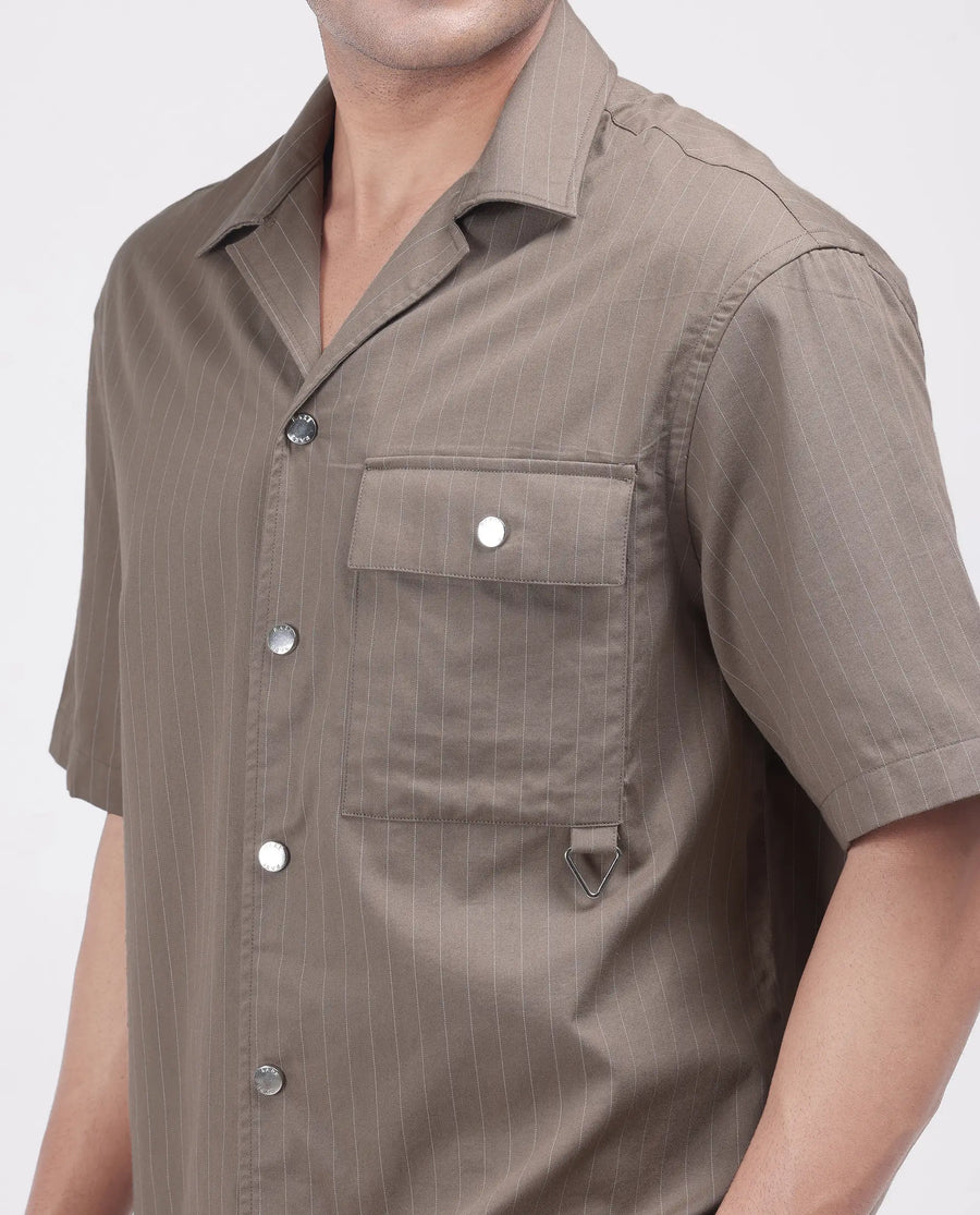 Rare Rabbit Men's Haba Dusky Beige Cotton Blend Striped Print Boxy Fit Half Sleeve Cuban Collar Shirt