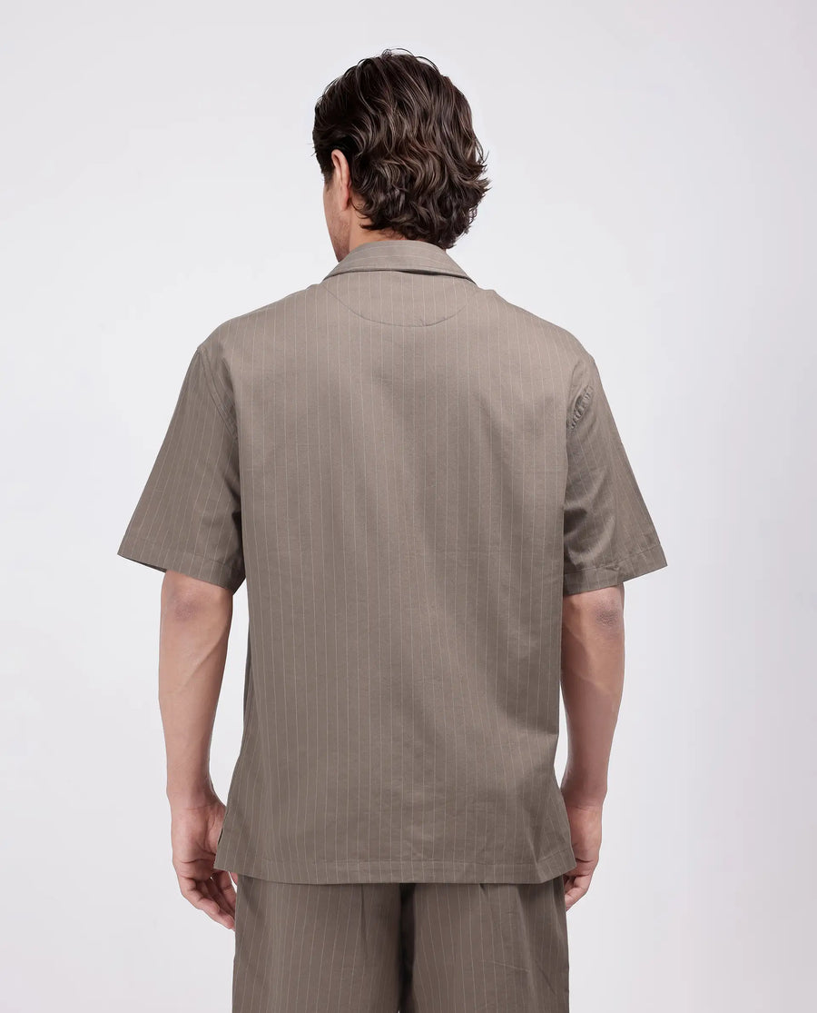 Rare Rabbit Men's Haba Dusky Beige Cotton Blend Striped Print Boxy Fit Half Sleeve Cuban Collar Shirt