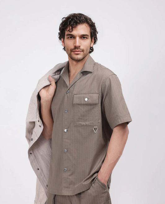Rare Rabbit Men's Haba Dusky Beige Cotton Blend Striped Print Boxy Fit Half Sleeve Cuban Collar Shirt