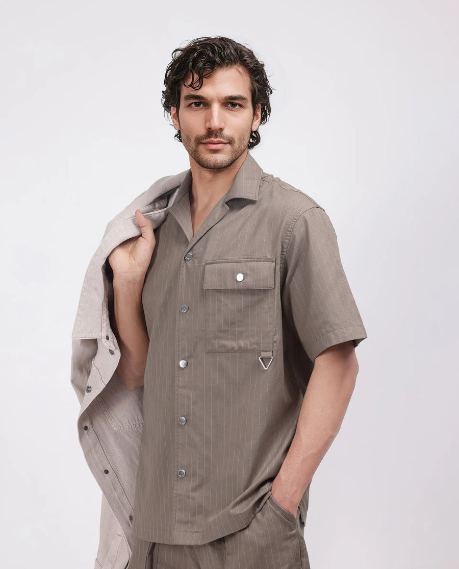 Rare Rabbit Men's Haba Dusky Beige Cotton Blend Striped Print Boxy Fit Half Sleeve Cuban Collar Shirt