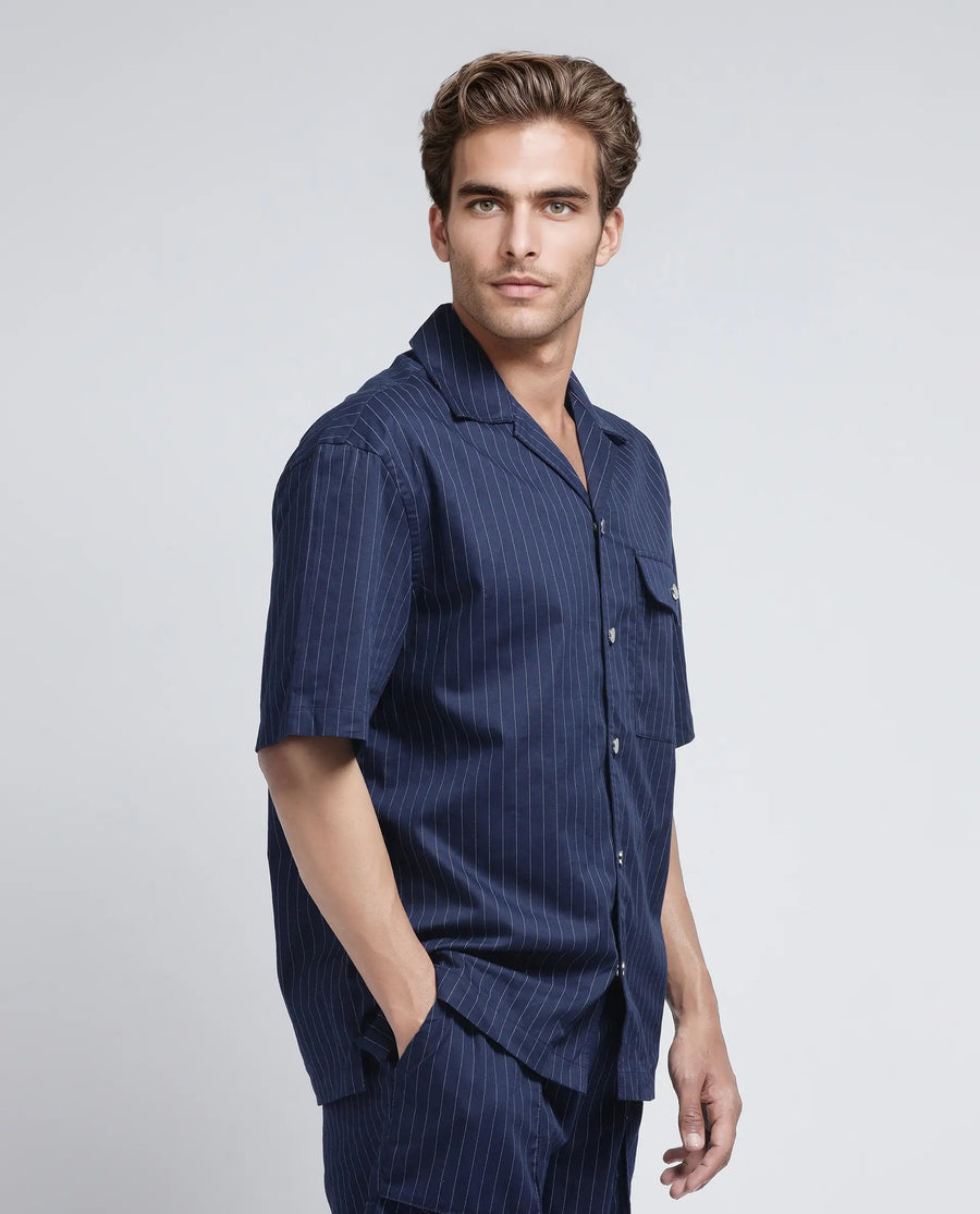 Rare Rabbit Men's Haba Navy Cotton Blend Striped Print Boxy Fit Half Sleeve Cuban Collar Shirt