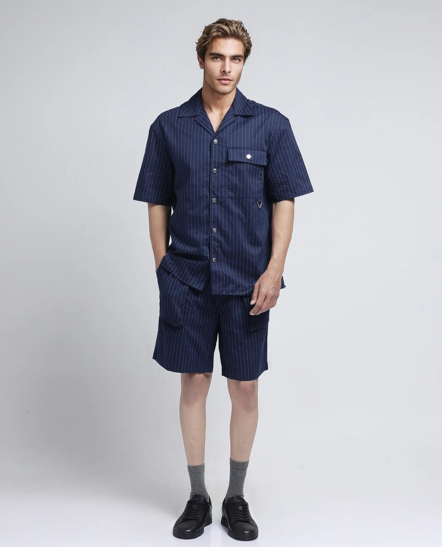 Rare Rabbit Men's Haba Navy Cotton Blend Striped Print Boxy Fit Half Sleeve Cuban Collar Shirt