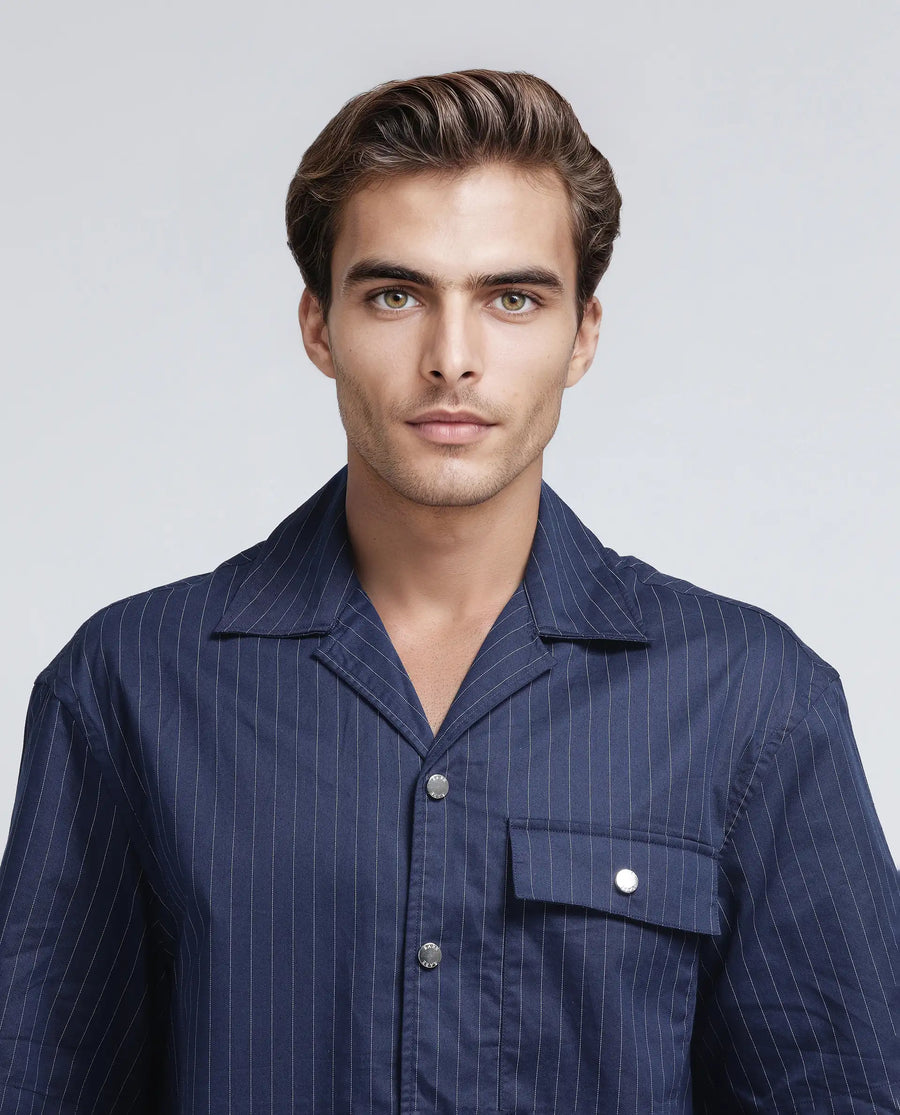 Rare Rabbit Men's Haba Navy Cotton Blend Striped Print Boxy Fit Half Sleeve Cuban Collar Shirt