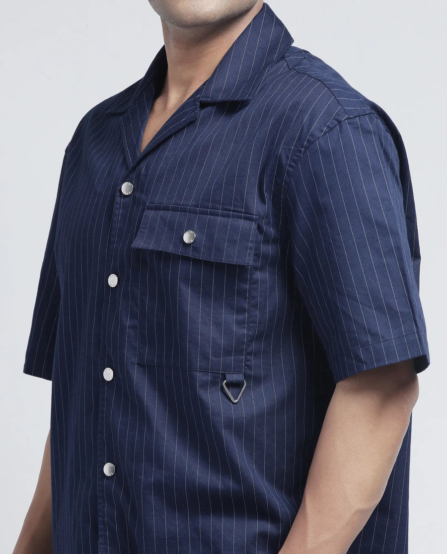 Rare Rabbit Men's Haba Navy Cotton Blend Striped Print Boxy Fit Half Sleeve Cuban Collar Shirt