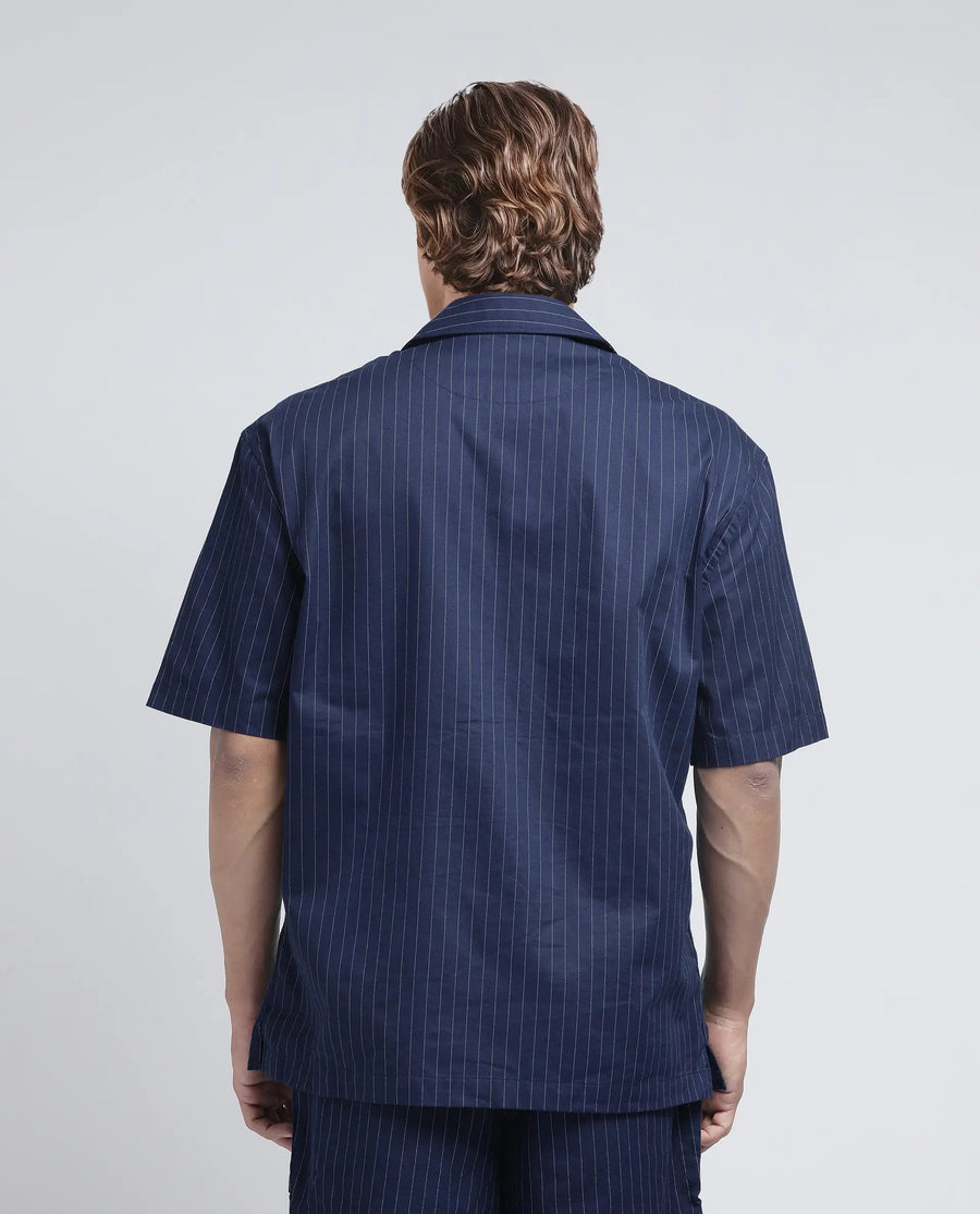 Rare Rabbit Men's Haba Navy Cotton Blend Striped Print Boxy Fit Half Sleeve Cuban Collar Shirt