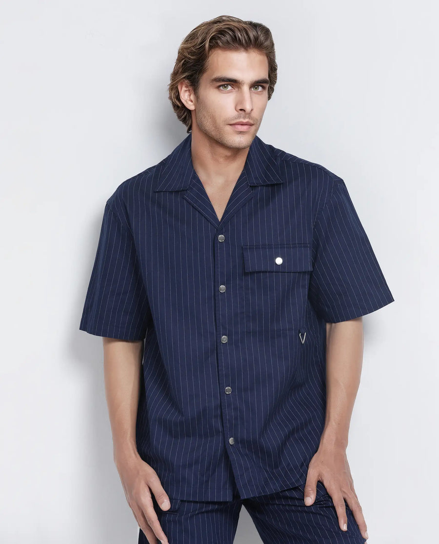 Rare Rabbit Men's Haba Navy Cotton Blend Striped Print Boxy Fit Half Sleeve Cuban Collar Shirt