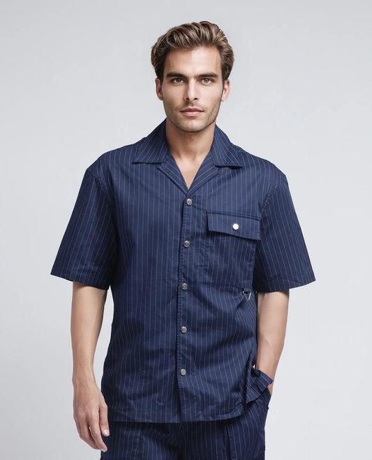 Rare Rabbit Men's Haba Navy Cotton Blend Striped Print Boxy Fit Half Sleeve Cuban Collar Shirt