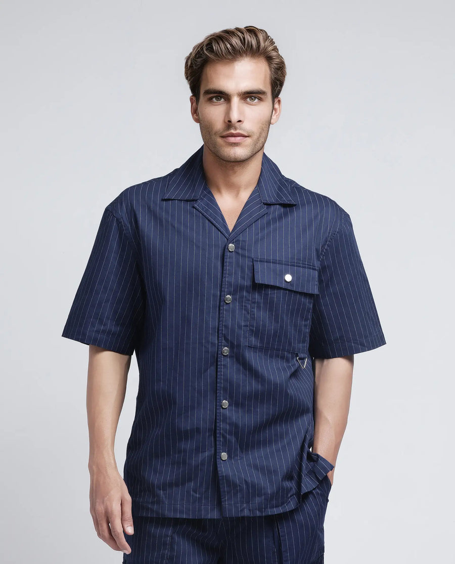 Rare Rabbit Men's Haba Navy Cotton Blend Striped Print Boxy Fit Half Sleeve Cuban Collar Shirt