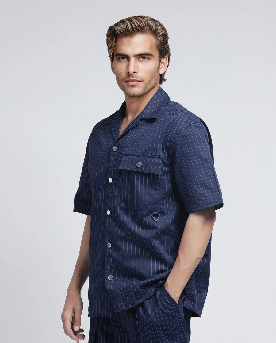 Rare Rabbit Men's Haba Navy Cotton Blend Striped Print Boxy Fit Half Sleeve Cuban Collar Shirt