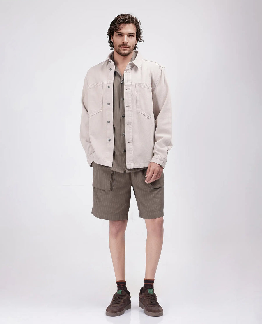 Rare Rabbit Men's Habar Beige Cotton Striped Print Oversized Fit Shorts