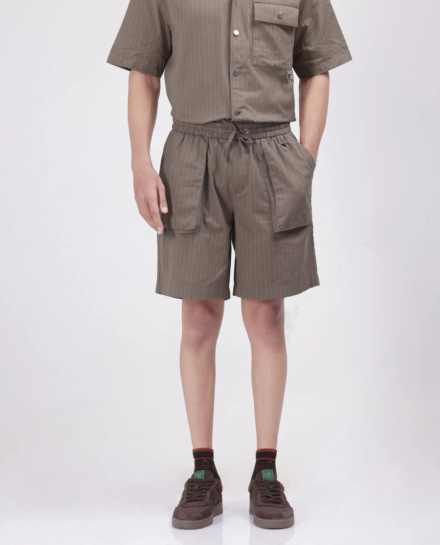 Rare Rabbit Men's Habar Beige Cotton Striped Print Oversized Fit Shorts
