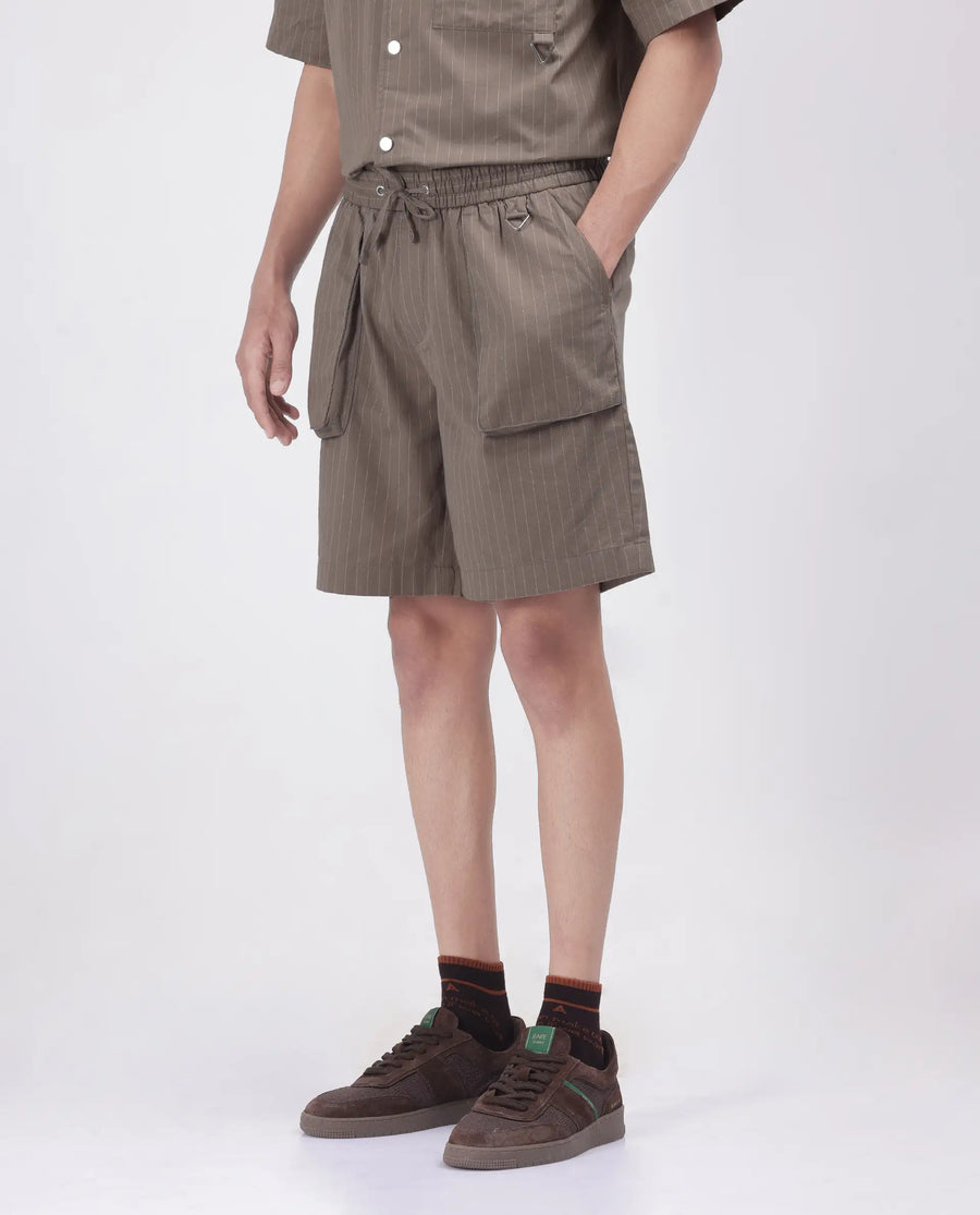 Rare Rabbit Men's Habar Beige Cotton Striped Print Oversized Fit Shorts