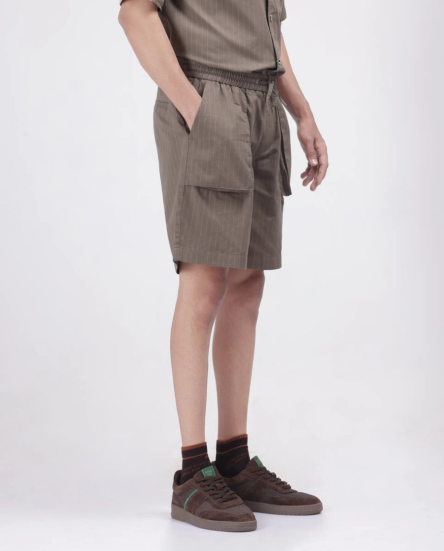 Rare Rabbit Men's Habar Beige Cotton Striped Print Oversized Fit Shorts