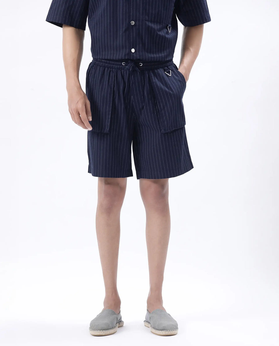 Rare Rabbit Men's Habar Navy Cotton Striped Print Oversized Fit Shorts