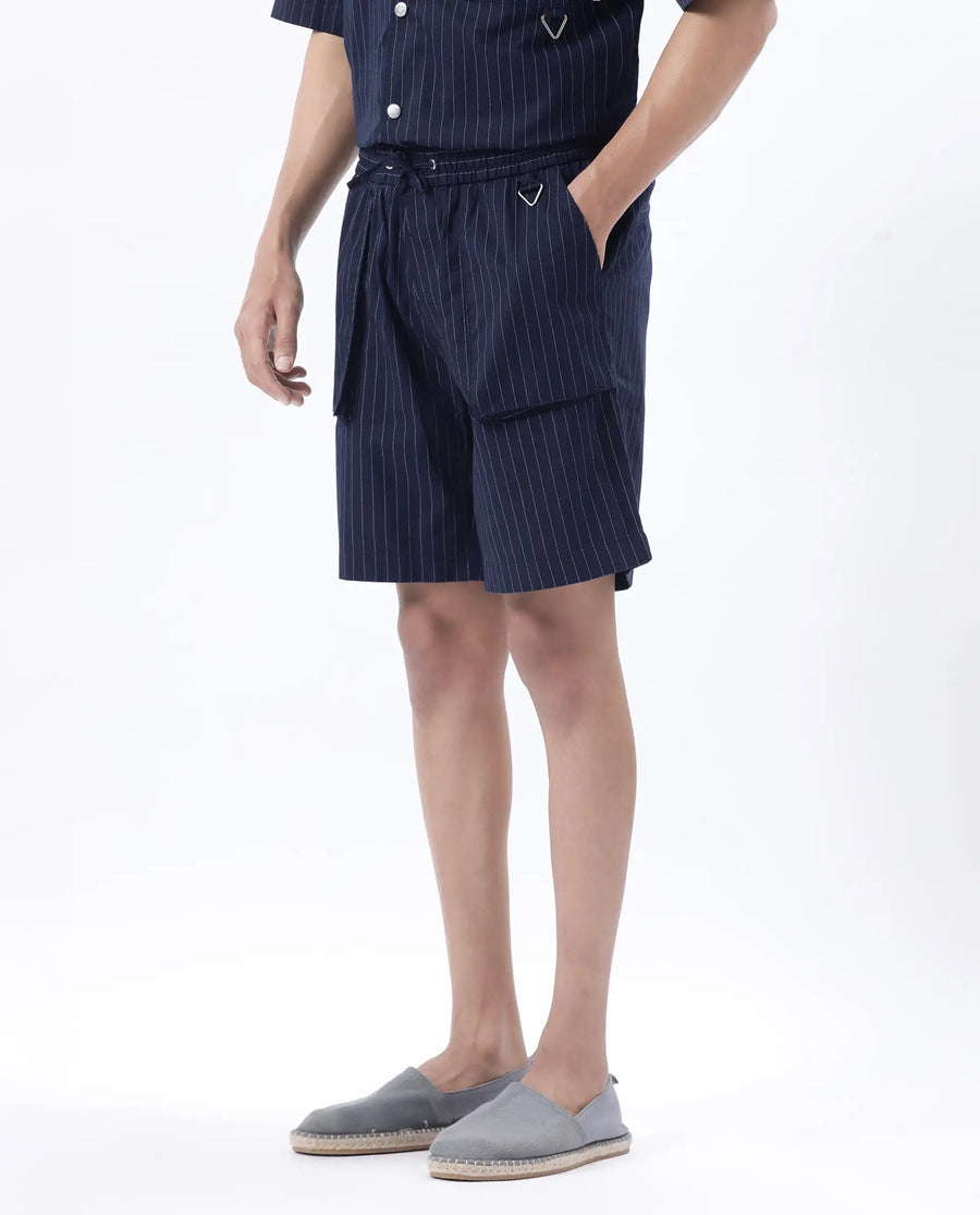 Rare Rabbit Men's Habar Navy Cotton Striped Print Oversized Fit Shorts