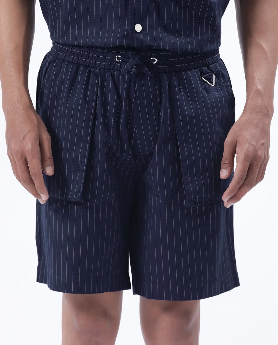 Rare Rabbit Men's Habar Navy Cotton Striped Print Oversized Fit Shorts
