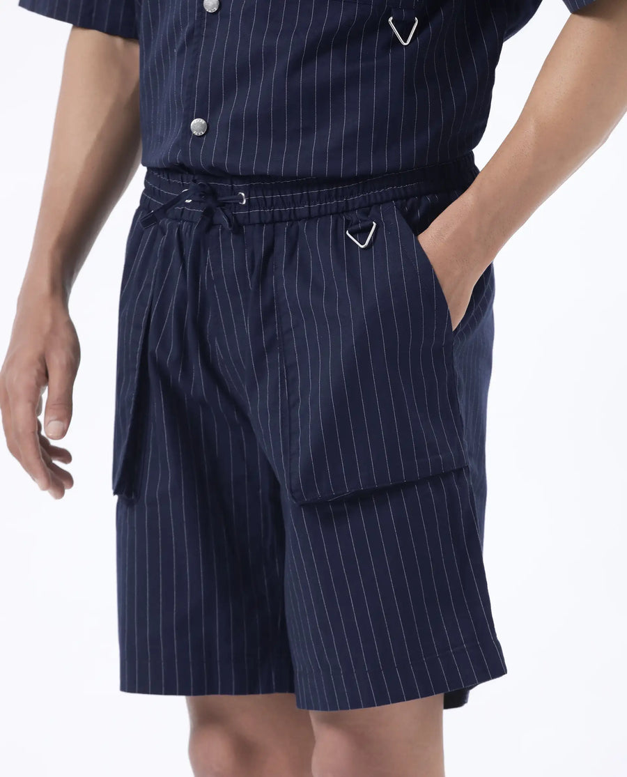 Rare Rabbit Men's Habar Navy Cotton Striped Print Oversized Fit Shorts