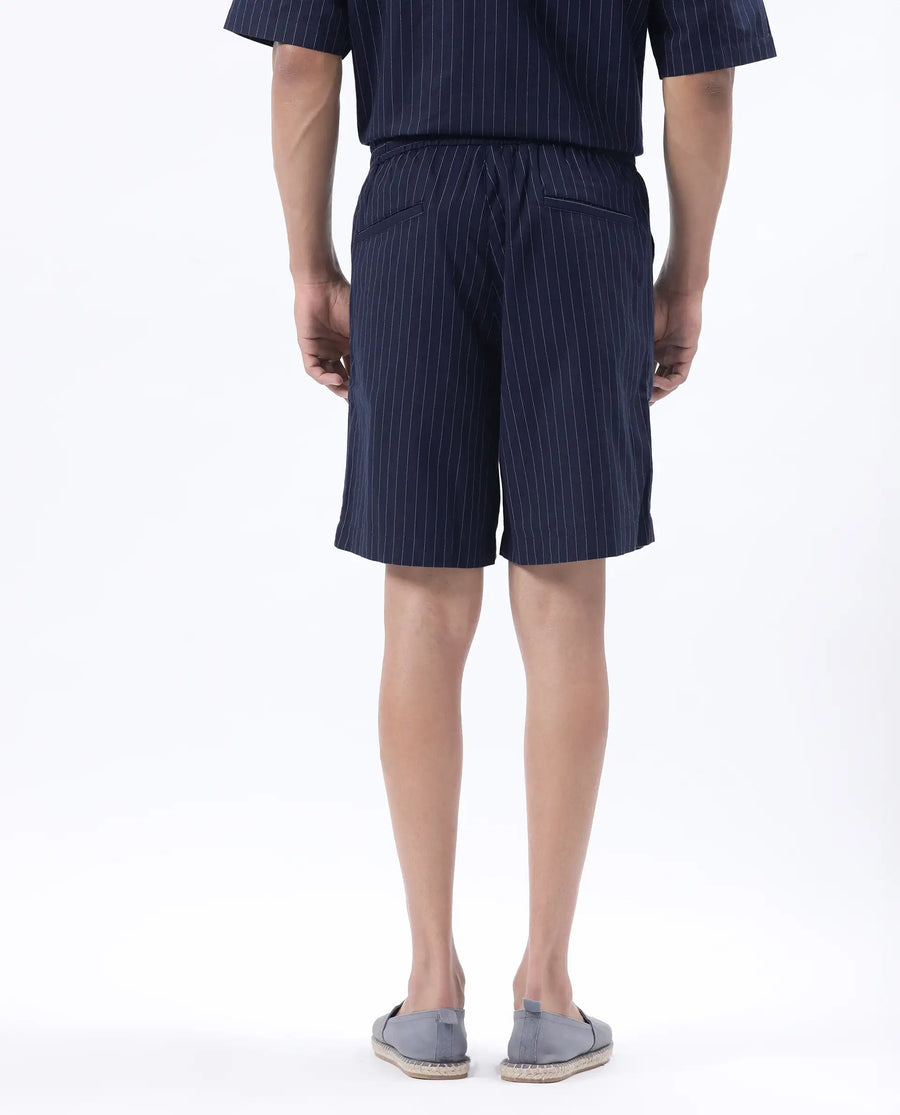 Rare Rabbit Men's Habar Navy Cotton Striped Print Oversized Fit Shorts