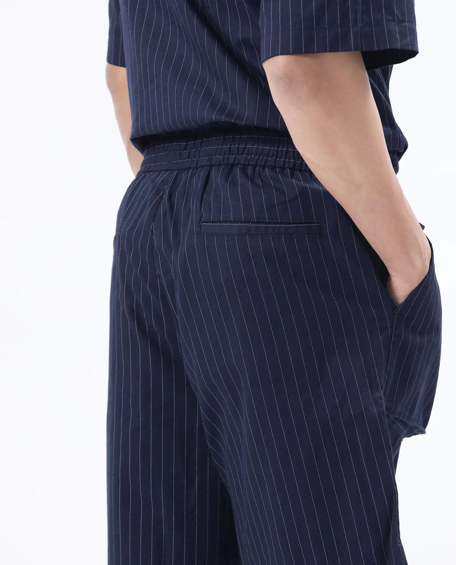 Rare Rabbit Men's Habar Navy Cotton Striped Print Oversized Fit Shorts