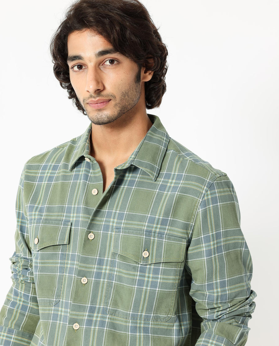 Rare Rabbit Men's Hadsten Green Cotton Checked Print Regular Fit Full Sleeve Collared Shirt