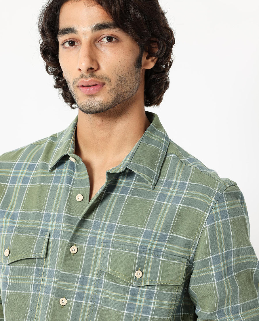 Rare Rabbit Men's Hadsten Green Cotton Checked Print Regular Fit Full Sleeve Collared Shirt