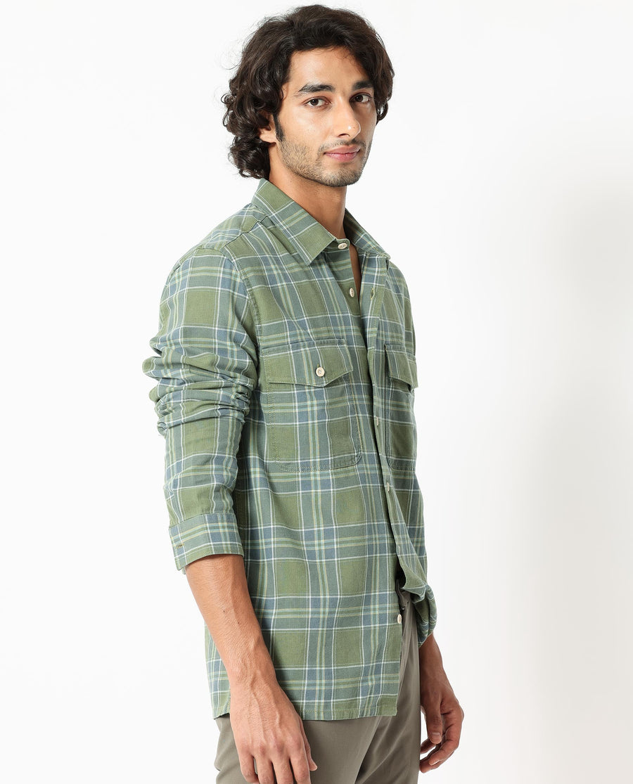 Rare Rabbit Men's Hadsten Green Cotton Checked Print Regular Fit Full Sleeve Collared Shirt
